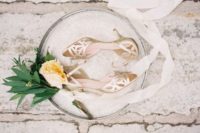 08 gold laser cut wedding shoes with low heels