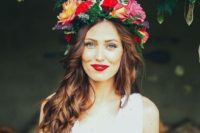 08 lush and bold summer floral crown with red and orange roses and fern