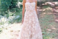 09 strapless blush wedding dress with white floral appliques
