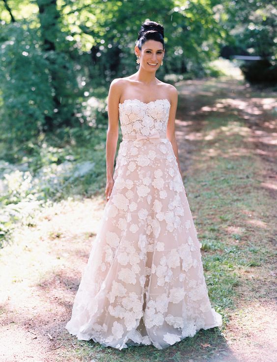 09 strapless blush wedding dress with white floral appliques