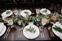 10 eucalyptus garland, gold rimmed glassware and gold plated flatware makes for a perfectly organic and beautiful garden wedding