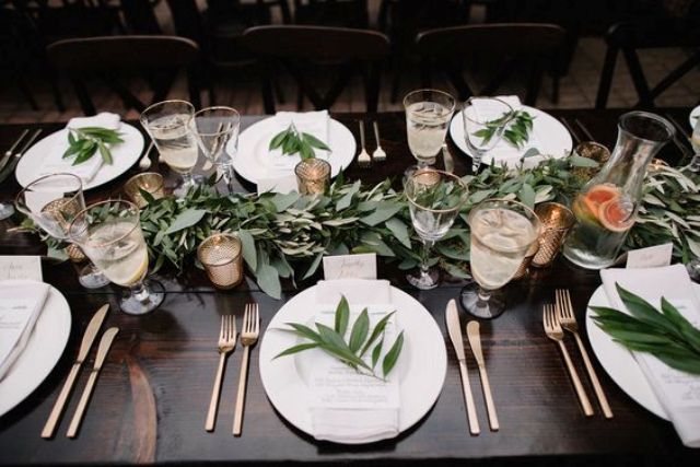 brightwood photography; nashville wedding; summer wedding; Cheekwood Botanical Gardens &amp; Museum of Art; simple place setting; elegant place setting; white greeen and gold; goliage table runner; gold rimmed glasses; gold cutlery;