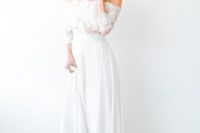 10 off the shoulder wedding dress with a lace bodice and a plain skirt is a super trendy piece