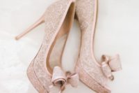 11 blush lace peep toe heels with bows on the toecap