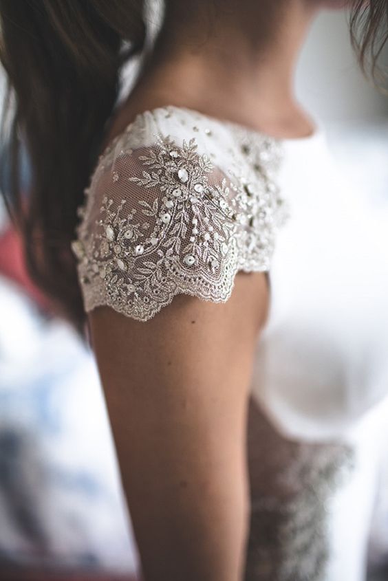 lace cap sleeves with beading and embroidery