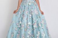 11 powder blue plunging neckline wedding dress with pink floral appliques