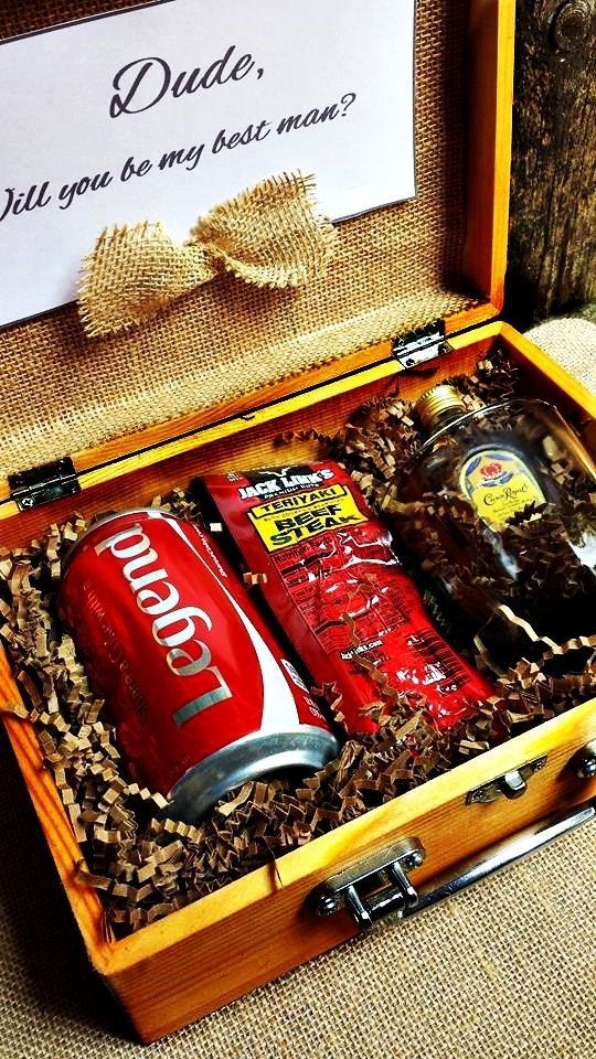 a box with burlap, Coke, beef steak and whiskey to make him agree