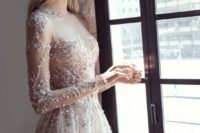 13 silver wedding dress with illusion sleeves and a bodice