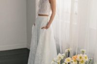 13 textural lace bridal separate with halter neckline top and a high low skirt