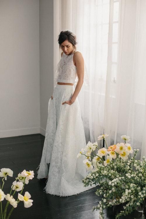 textural lace bridal separate with halter neckline top and a high low skirt