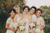 13 white boho lace mix and match short bridesmaids’ gowns