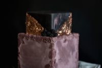 14 mauve and black wedding cake with gold leaf decor and icing flowers and blackberries