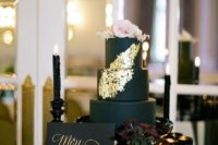 15 matte black wedding cake with gold touches and blush roses