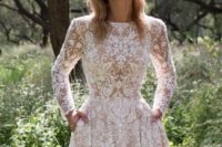 16 short lace applique wedding dress with long sleeves and pockets