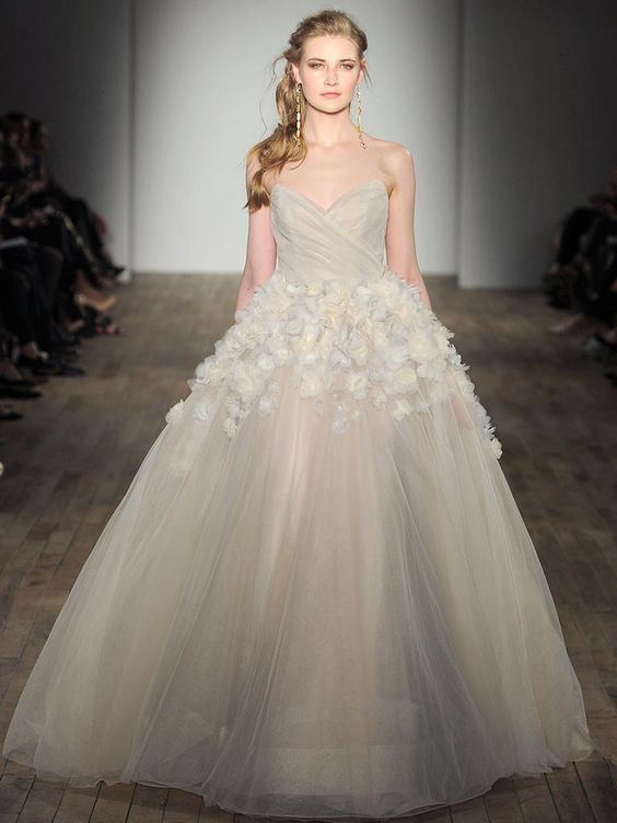 champagne strapless sweetheart neckline ballgown with white floral appliques on the skirt
