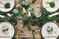 17 greenery table garland, leaves on the place settings and green glasses