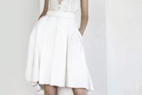 17 short wedding dress with a lace plunging neckline bodice and a pleated skirt with pockets