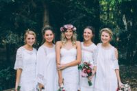 18 white boho lace bridesmaids’ over the knee gowns