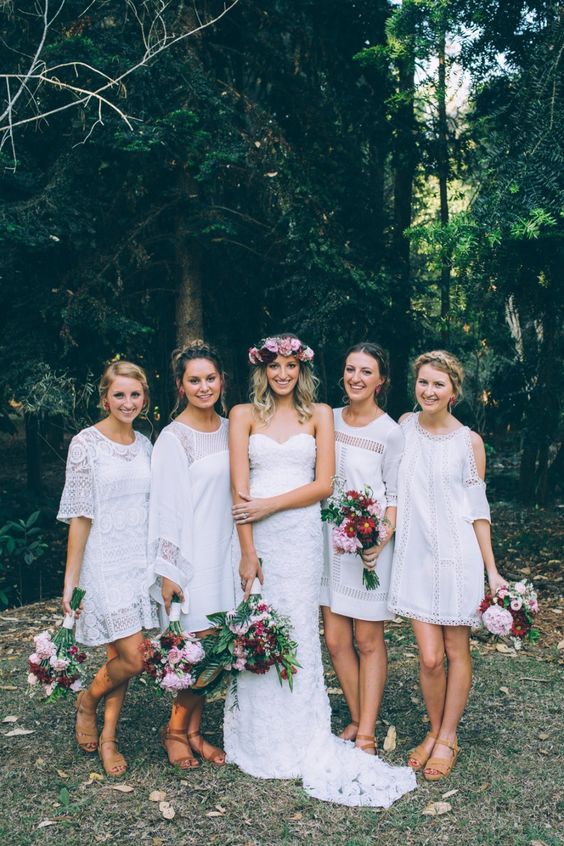 white boho lace bridesmaids' over the knee gowns