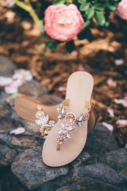 jeweled wedidng sandals with copper and silver crystals for decor