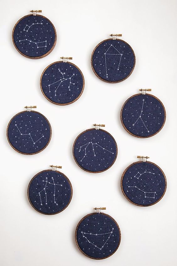 embroidery hoops with navy fabric and embroidered constellations as favors