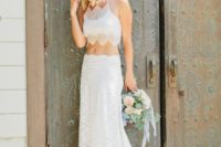 23 a boho lace spaghetti strap top with a scallop edge and a high low skirt with a train