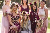 24 burgundy and pink mismatching bridesmaids’ dresses with and without prints
