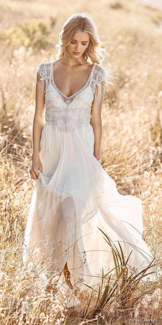 boho beaded wedding dress with an embellished bodice and thread cap sleeves