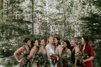 25 mismatching bridesmaids’ maxi dresses with a floral print, neutrals and dark ones