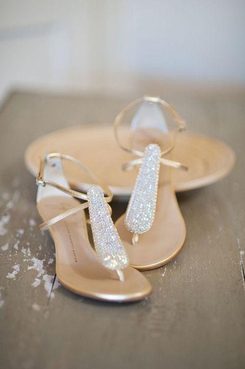 silver wedding sandals with a large central beaded strap