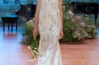 25 white floral applique thick strap wedding dress with a deep V neckline