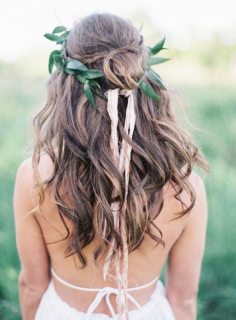 leaf crown with ribbons for a fresh look on loose waves