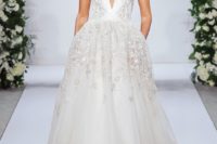 26 pure white plunging neckline wedding dress with lace appliques and pockets