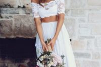 27 a lace off the shoulder crop top and a lace flowy skirt