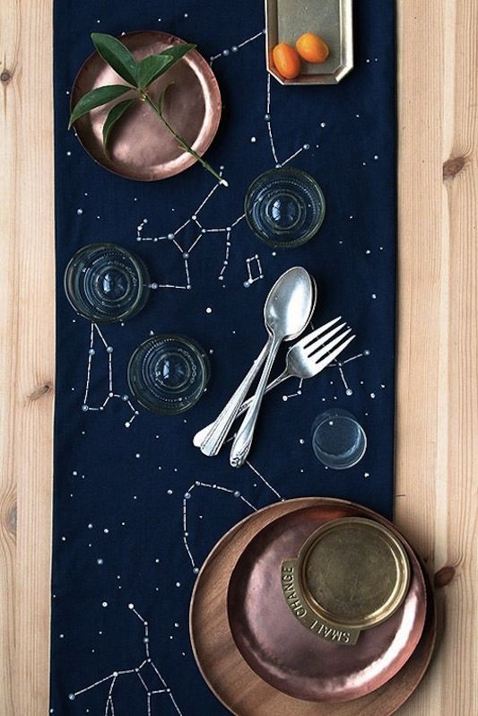 navy constellation wedding table runner looks chic with copper touches
