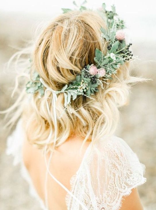 greenery, wildflowers and berry crown for a summer bride