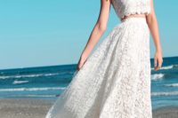 29 all-lace wedding gown with a cap sleeve crop and a high low skirt