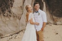 30 a casual groom’s look with ocher shorts, a white shirt with cuffed sleeves and a bow tie