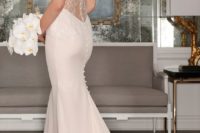 30 blush mermaid wedding dress with an illusion back and sheer lace cap sleeves