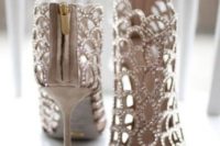30 grey laser cut wedding booties with lots of rhinestones to sparkle