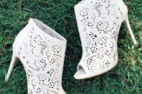 35 white suede laser cut wedding booties with peep toes