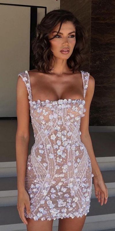 A jaw dropping and sexy mini nude wedding dress with embroidery and floral applique, a square neckline and straps is wow