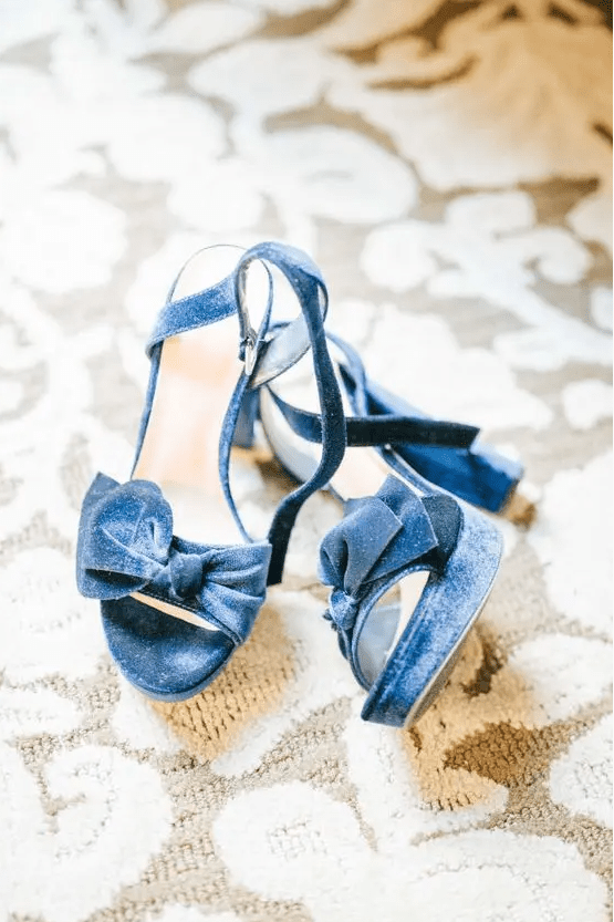 bold blue velvet bow heels with platforms and high heels are amazing for any wedding