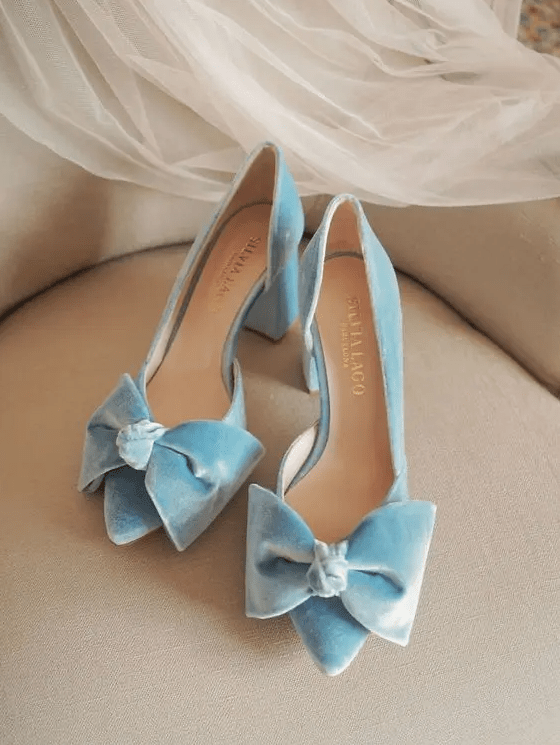 cute blue velvet bow shoes with comfortable block heels are amazing for spring or summer