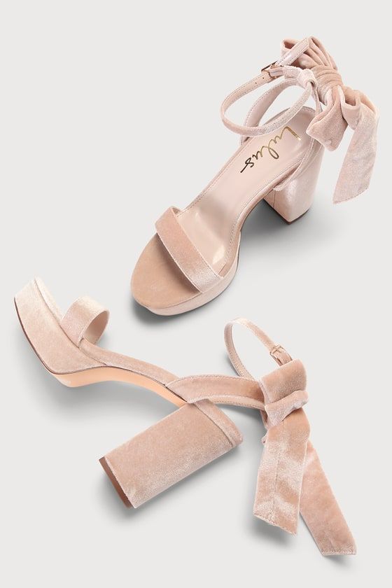 glam blush velvet wedding platform shoes with ankle straps and bows on the backs are adorable