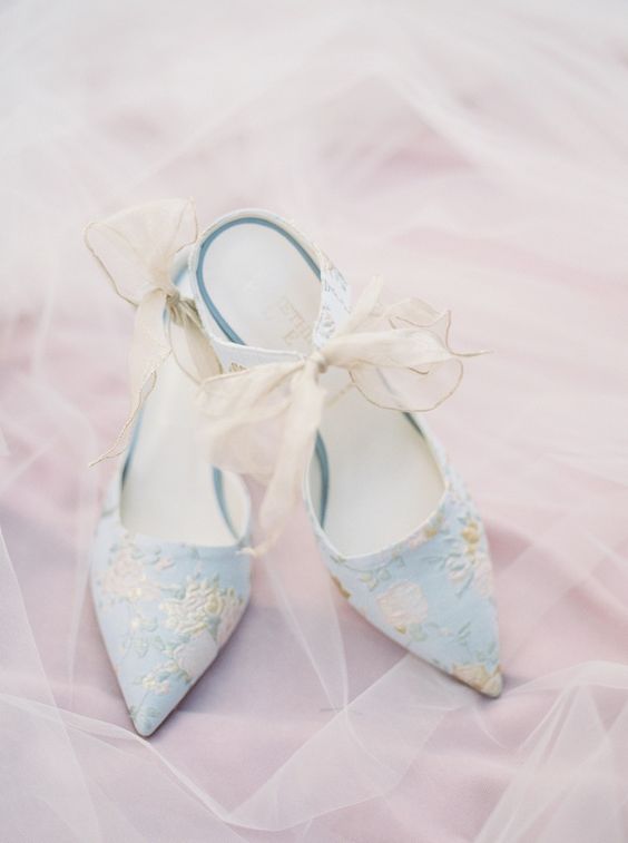 light blue wedding mules with heels and bows are amazing for spring and summer, great for garden weddings