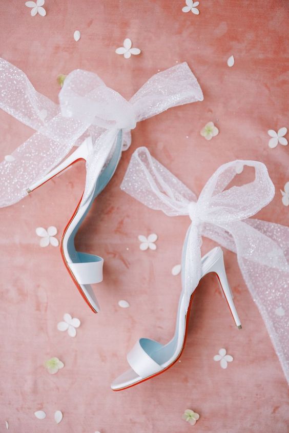 minimalist white wedding shoes with oversized bling bow are amazing for spring and summer weddings, they look wow