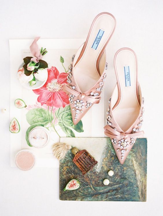 pink wedding mules with heels and bows plus heavy embellishments are amazing for spring and summer