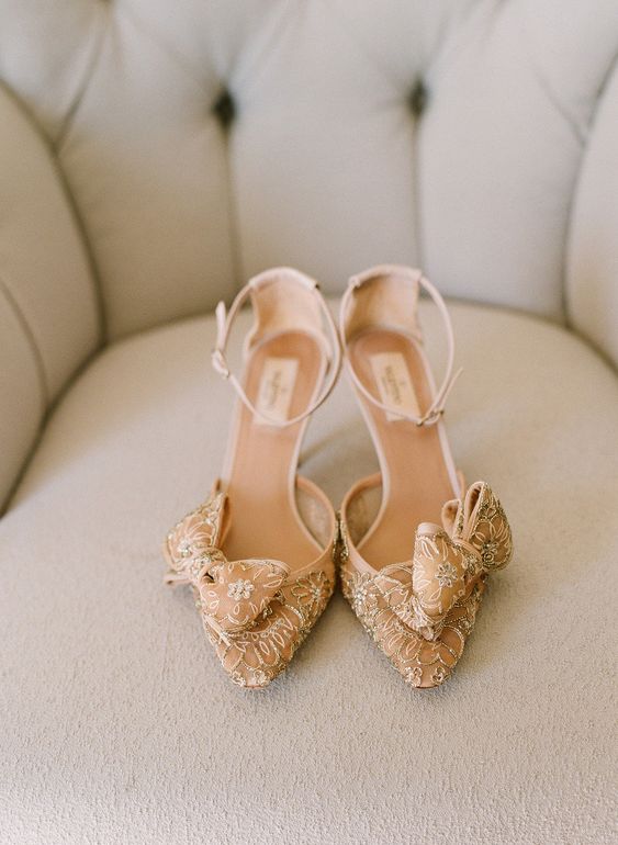 whimsical tan wedding shoes with embroidery and embellishments are a fun and cool solution