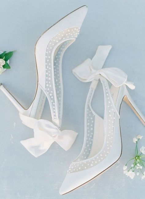 white wedding shoes with sheer parts and pearls plus bows are amazing for spring and summer looks